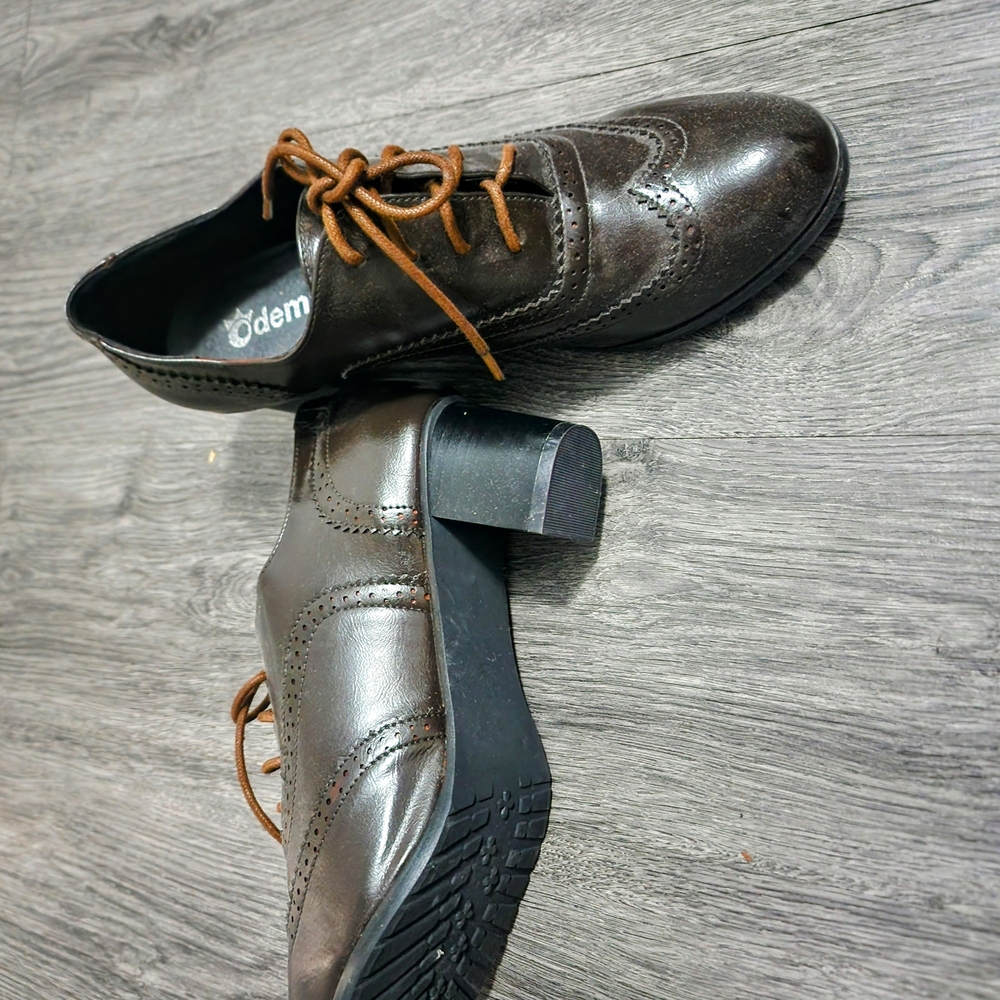Demonia Brown Leather Oxford Espadrille Heels with Tan Laces
